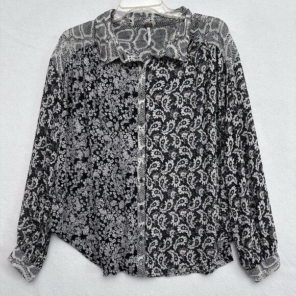 Free People Button Up Blouse Sz M Dani Black Paisley Snakeskin Semi Sheer Shirt - Picture 3 of 11